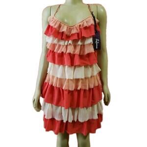 LuluVia, Colorful Modern Ruffled Halter Womens Dress, Colorblock Sz L $172 NEW